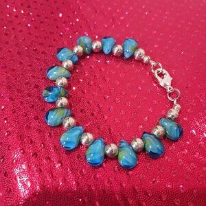 Hand Crafted Silver Tone Blue and Green Swirl Childs Bracelet